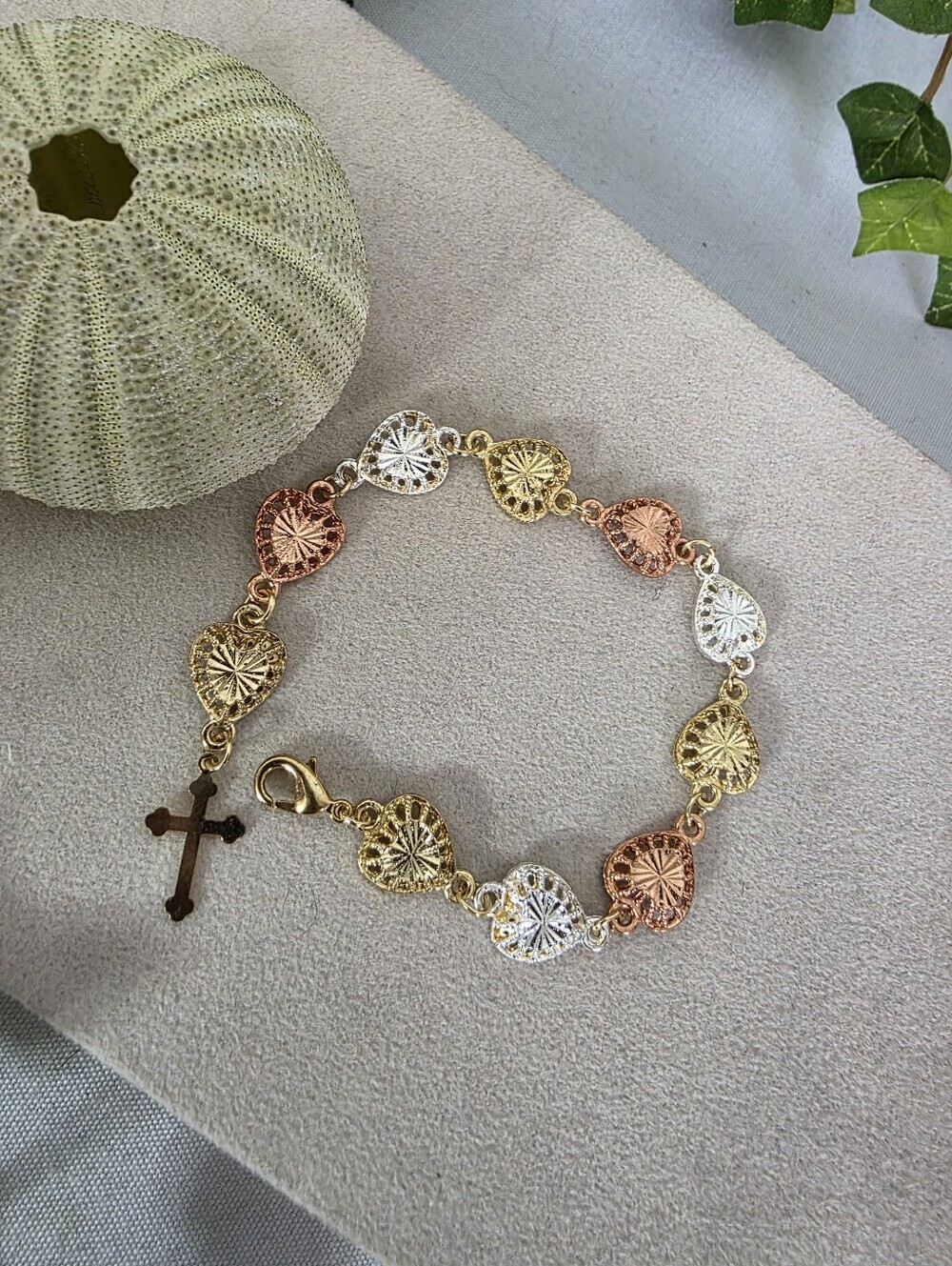 Tri-Color Gold Filled Diamond Cut Heart Filigree Link Bracelet with Cross Charm